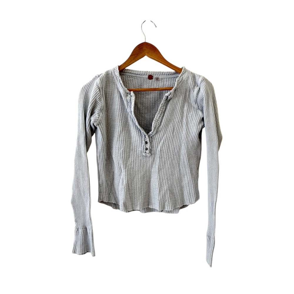 Free People One Waffle Henley T Shirt Top Womens S Blue Gray Ruffle Thermal Y2K
